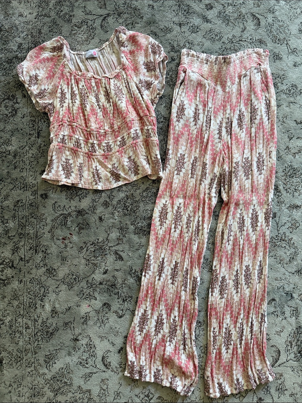 Boho Pink Cream Brown Patterned Wide Leg Pants and top SET